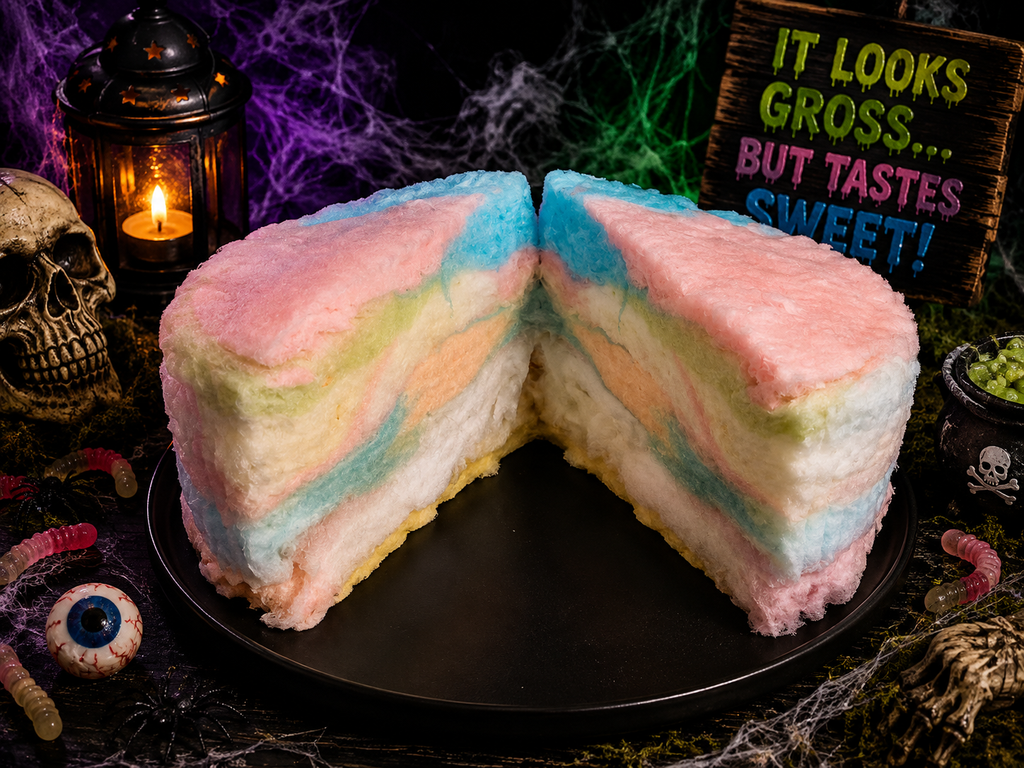 A Halloween-themed cotton candy cake on a black plate, surrounded by spooky props including a skull lantern, cobwebs, and a sign that reads 'IT LOOKS GROSS.