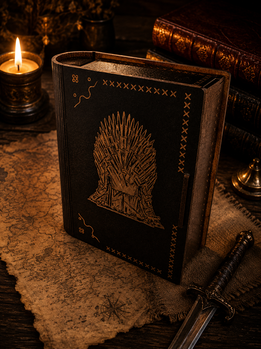 Iron Throne Gift, Fantasy Gift, Personalised Gift, Wooden Book Box, Secret Storage, Keepsake Box, Fantasy Decor, Custom Name Gift, Book Lover Gift, Collector Gift, Handmade UK, Throne Inspired, Wooden Keepsake