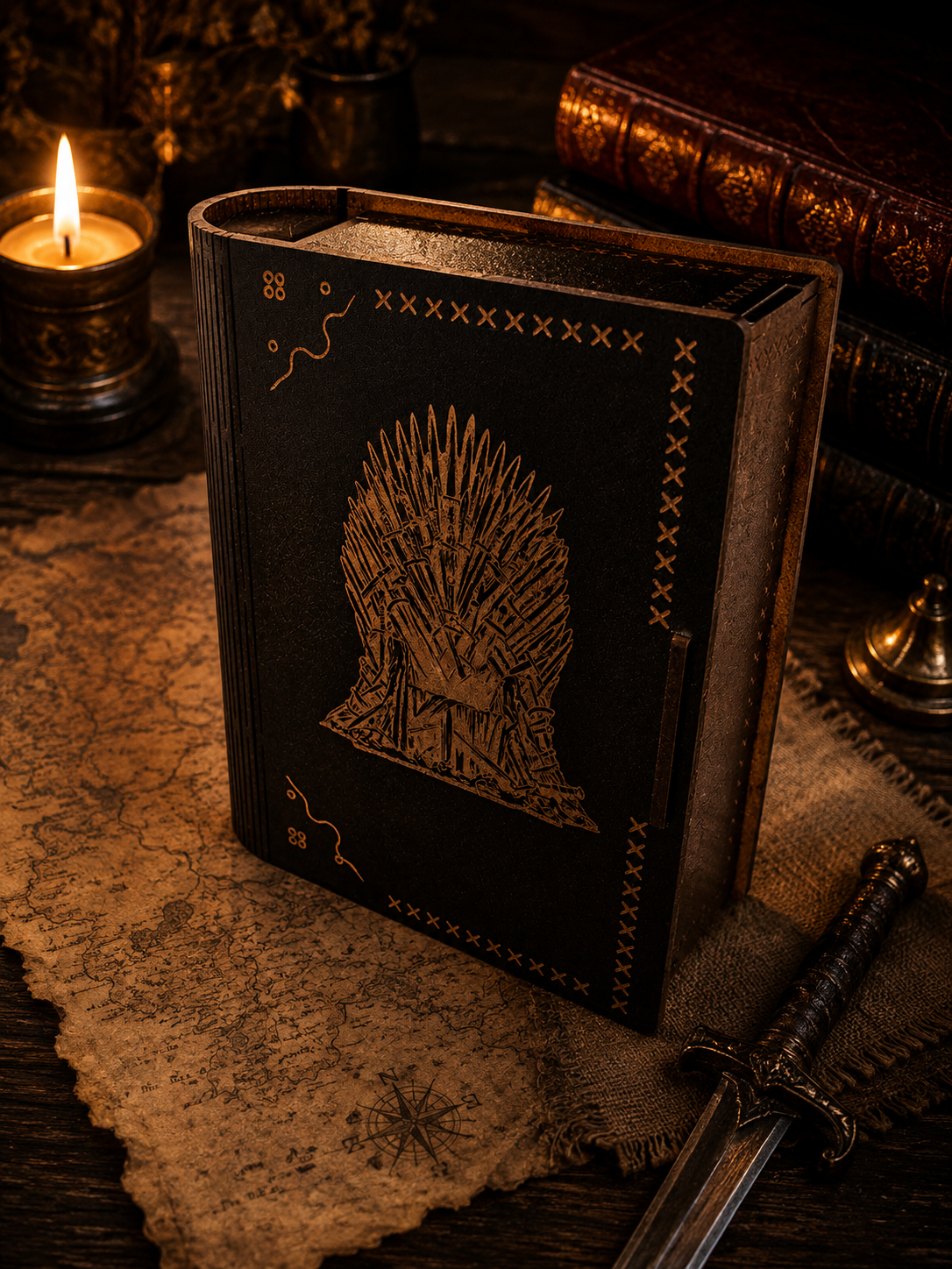 Iron Throne Gift, Fantasy Gift, Personalised Gift, Wooden Book Box, Secret Storage, Keepsake Box, Fantasy Decor, Custom Name Gift, Book Lover Gift, Collector Gift, Handmade UK, Throne Inspired, Wooden Keepsake