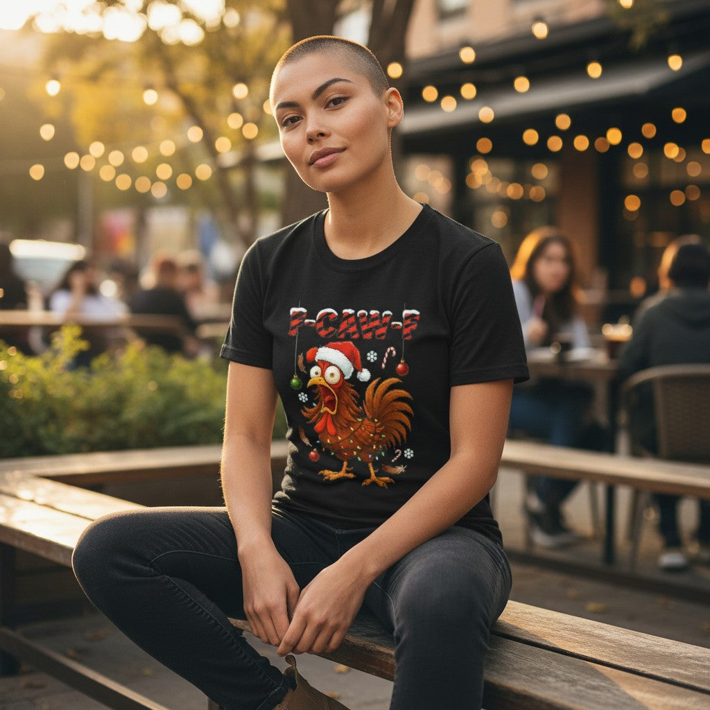 Person wearing a black t-shirt with a rooster design, sitting on a wooden bench outdoors.