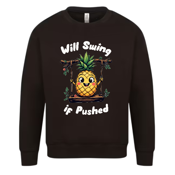 Black sweatshirt with a pineapple on a swing graphic and text