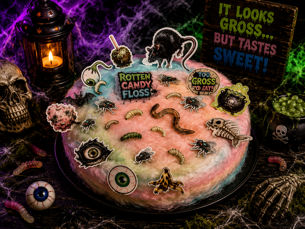 A Halloween-themed cotton candy cake decorated with spooky stickers and candies, surrounded by thematic props including a skull lantern, cobwebs, a fake eyeball, and a sign that reads 'IT LOOKS GROSS.