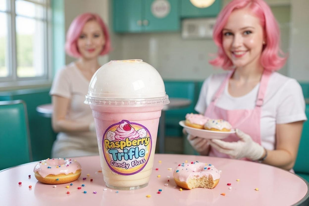 Two women with pink hair in a diner setting with a raspberry trifle shake and donuts.