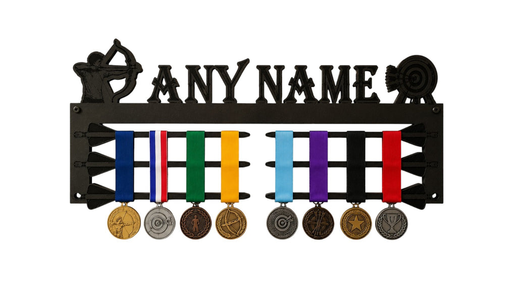 A black metal wall-mounted display rack with the words 'ANY NAME' and archery-themed cutouts, holding multiple colorful ribbons and medals on a white background.