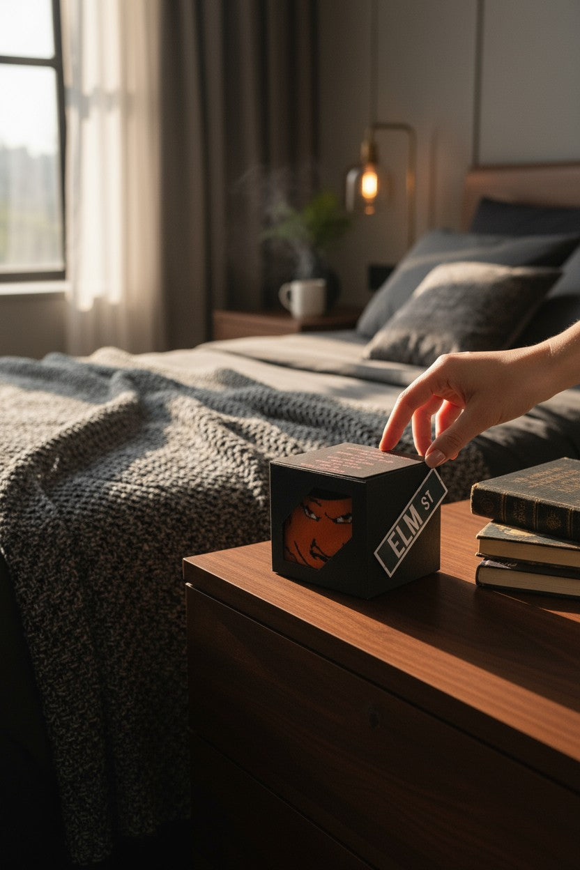 Hand placing a small box on a nightstand next to books in a bedroom.
