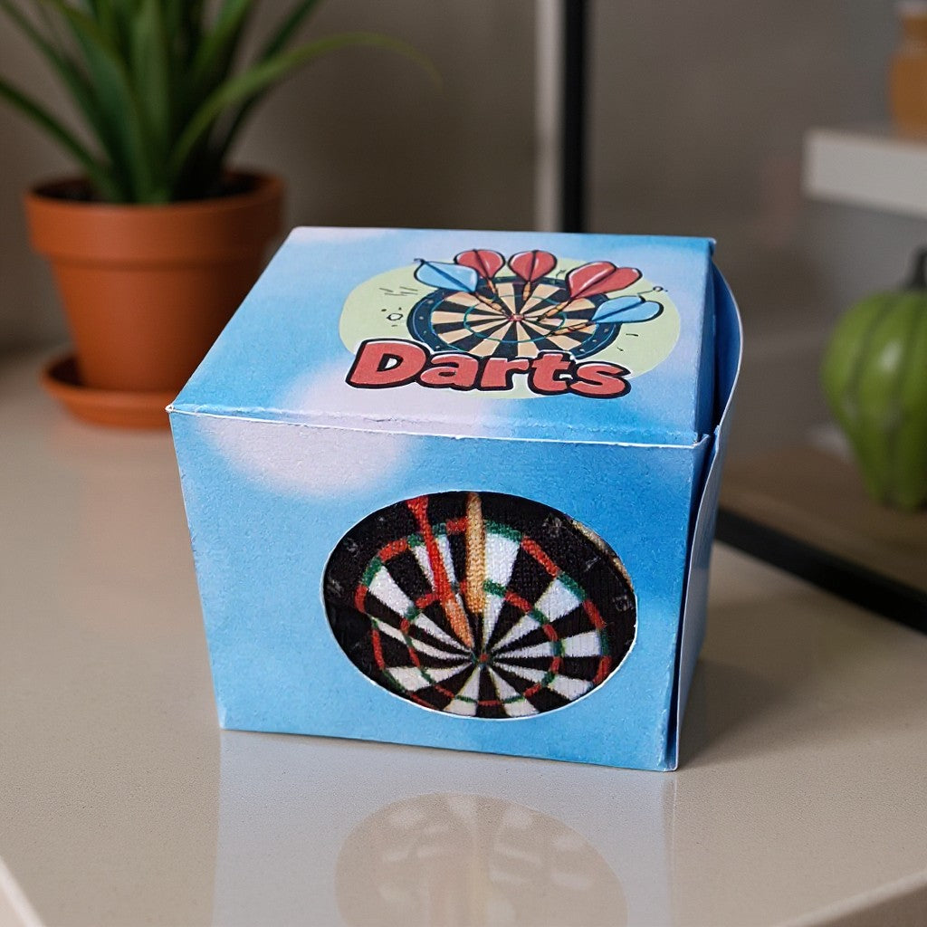 Blue box of darts with dartboard design on a surface