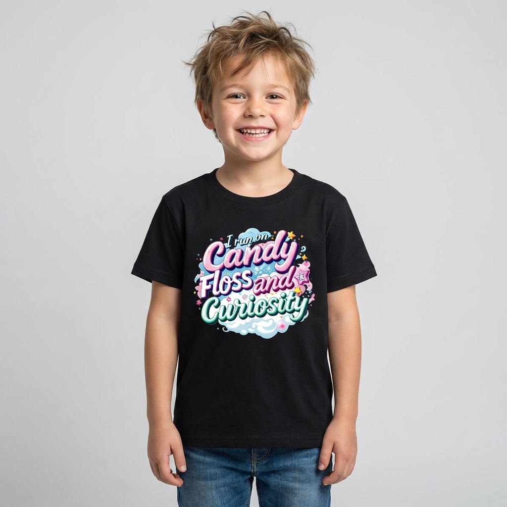 Child wearing a black t-shirt with colorful text on a plain background