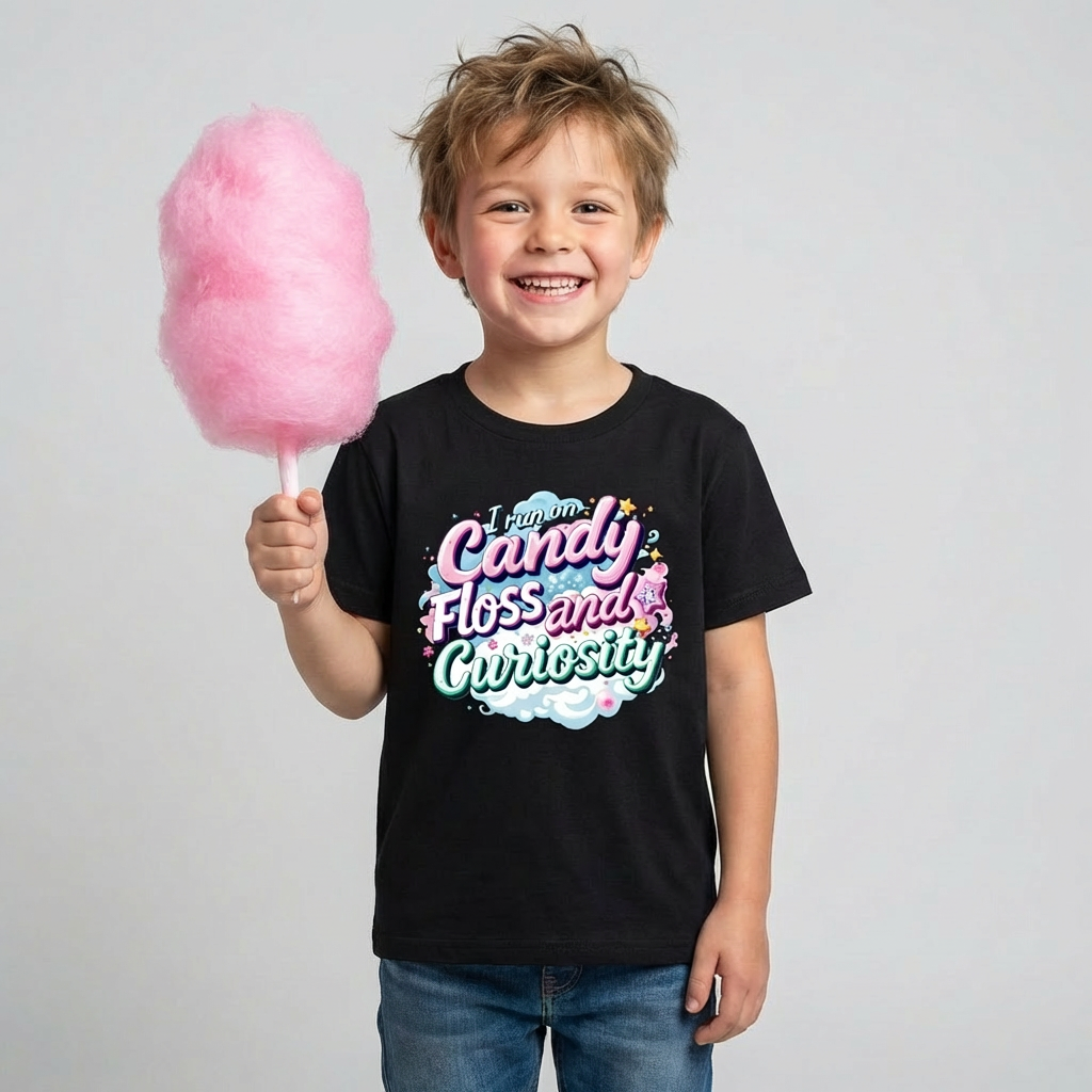 Child wearing a black t-shirt with colorful text, holding pink candy floss against a plain background