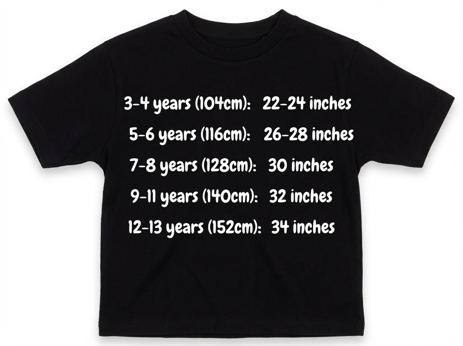 Black t-shirt with white text displaying size chart for children on a white background