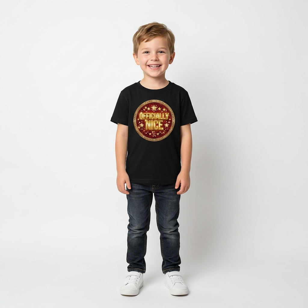Child wearing a black t-shirt with 'Officially Nice' design on a white background