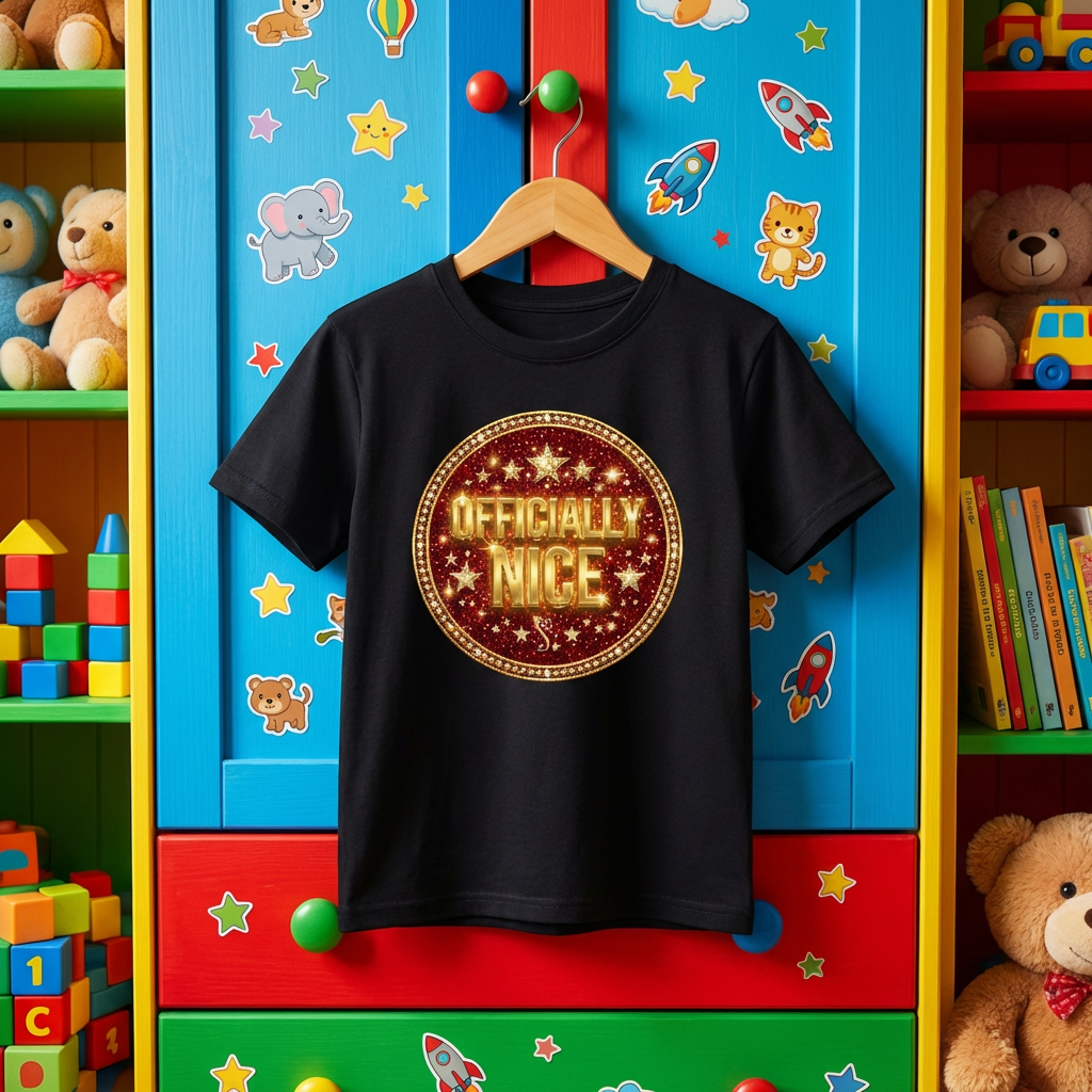 Black t-shirt with 'Officially Nice' design on a hanger against a colorful children's room background.