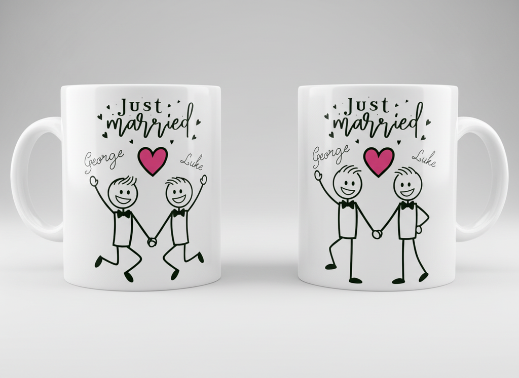 Two white mugs with 'Just married' text and cartoon figures on a gray background