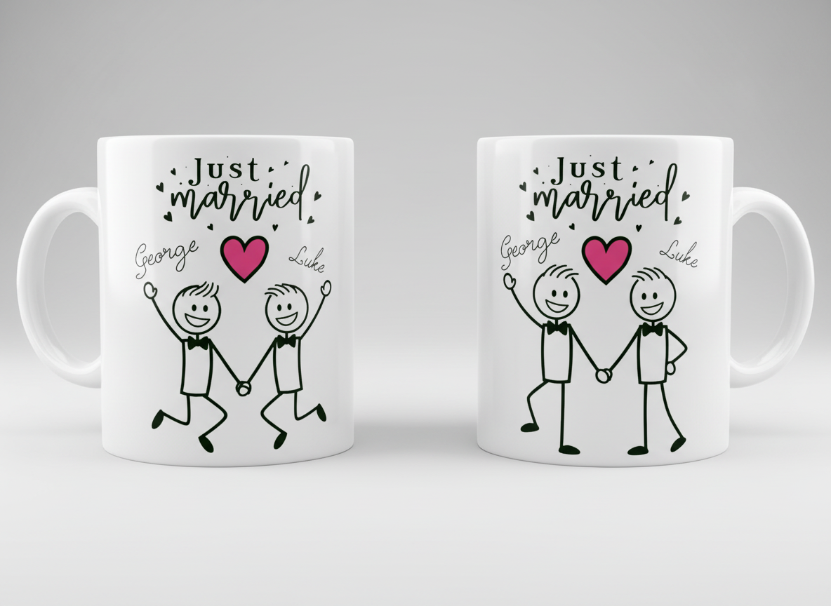 Two white mugs with 'Just married' text and cartoon figures on a gray background