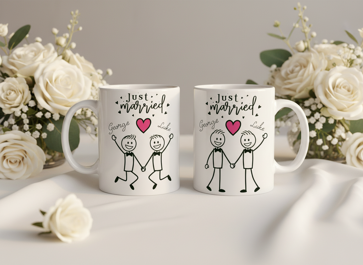 Two mugs with 'Just married' design on a table with flowers in the background