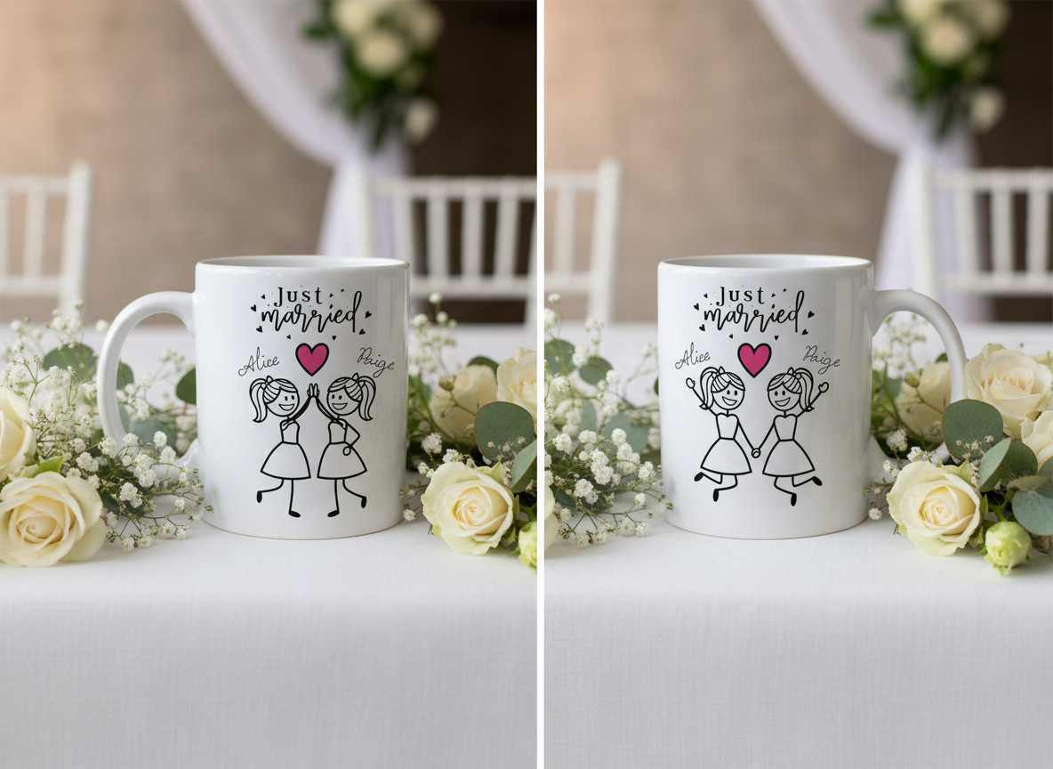 Two mugs with 'Just Married' text and illustrations on a table with floral decorations.
