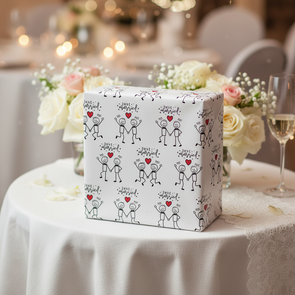 Gift box with heart and couple design on a table with floral arrangements and wine glasses.