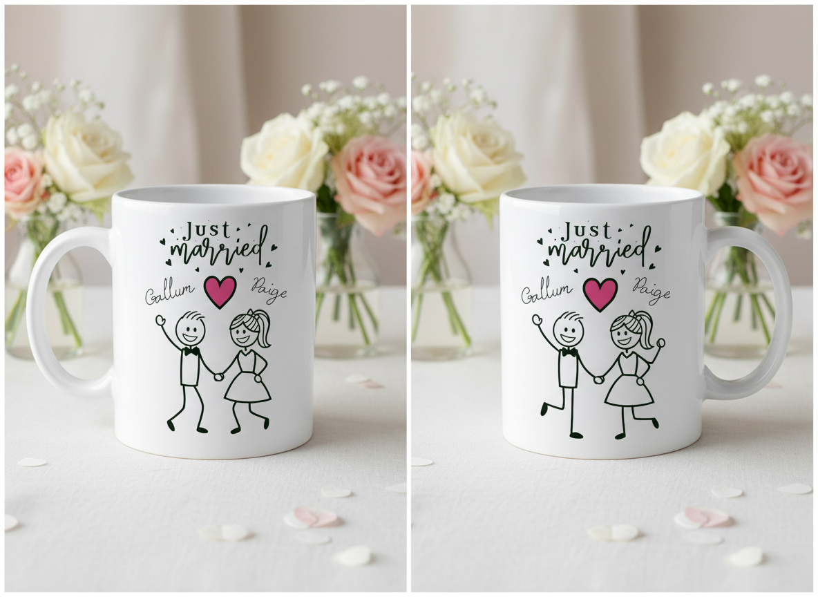 Two white mugs with 'Just Married' design on a table with flowers in the background