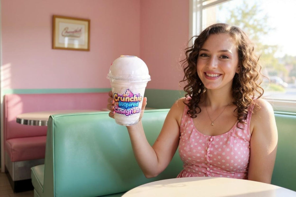 Woman holding a cup of frozen custard in a diner setting