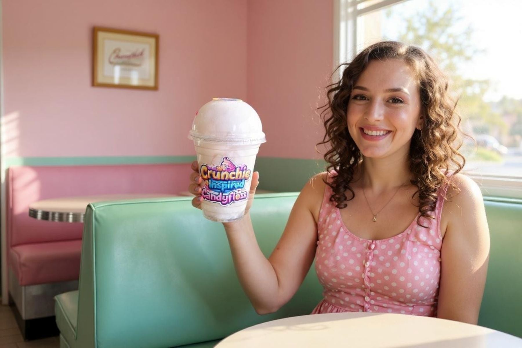 Woman holding a cup of frozen custard in a diner setting