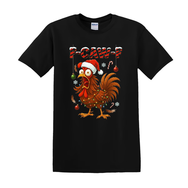 Black t-shirt with a rooster wearing a Santa hat and Christmas lights, with 'P-CAW-P' text on a white background.