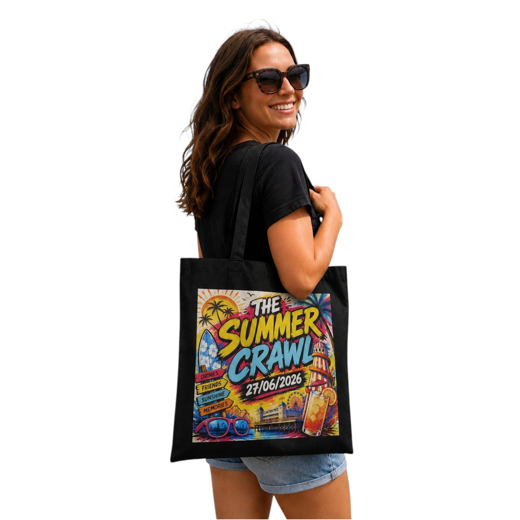 Woman holding a tote bag with 'The Summer Crawl' event details on a white background