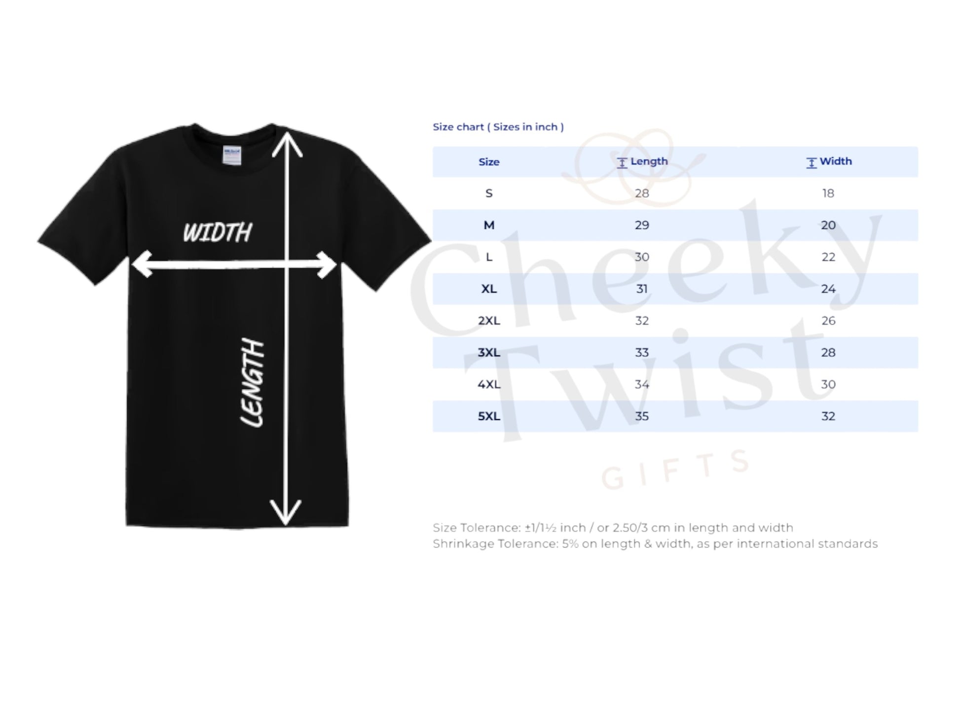 Black t-shirt with size chart on a white background