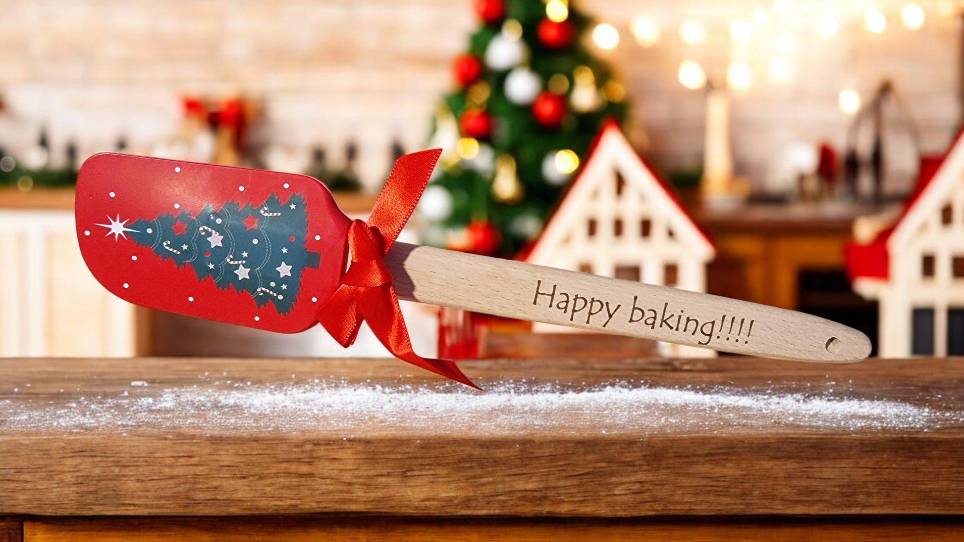 Red spatula with green design and wooden handle with 'Happy baking!!!' text on a kitchen counter with Christmas decorations.