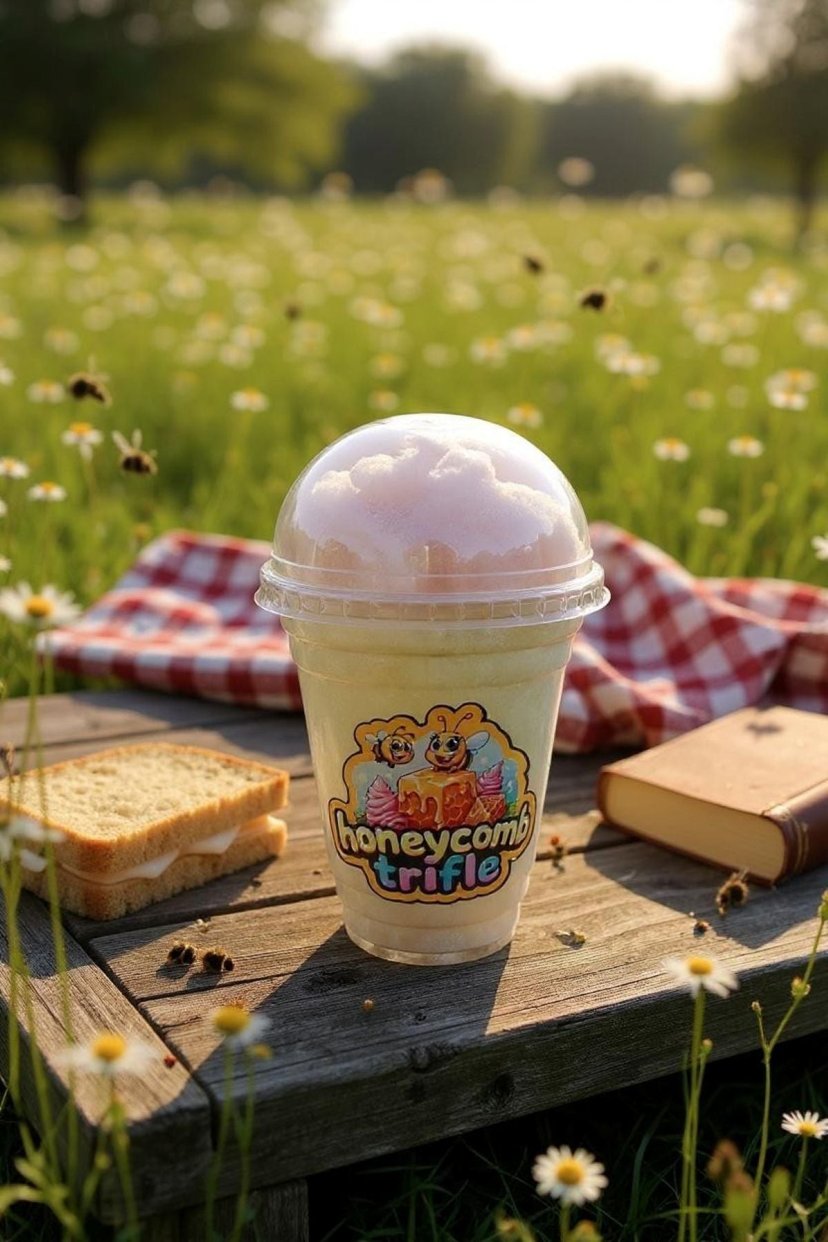 Honeycomb trifle dessert cup on a wooden table with a checkered cloth and book in a field
