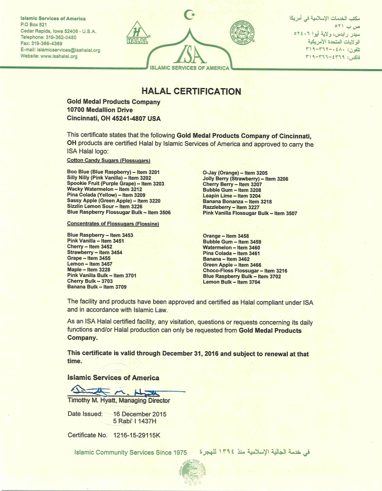 Halal certification document from Gold Medal Products Company with Islamic Services of America logo.