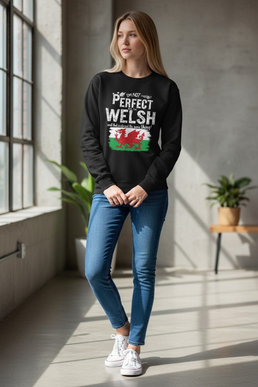 Woman wearing a black sweatshirt with 'Perfect Welsh' text and Welsh flag design, standing in a sunlit room.
