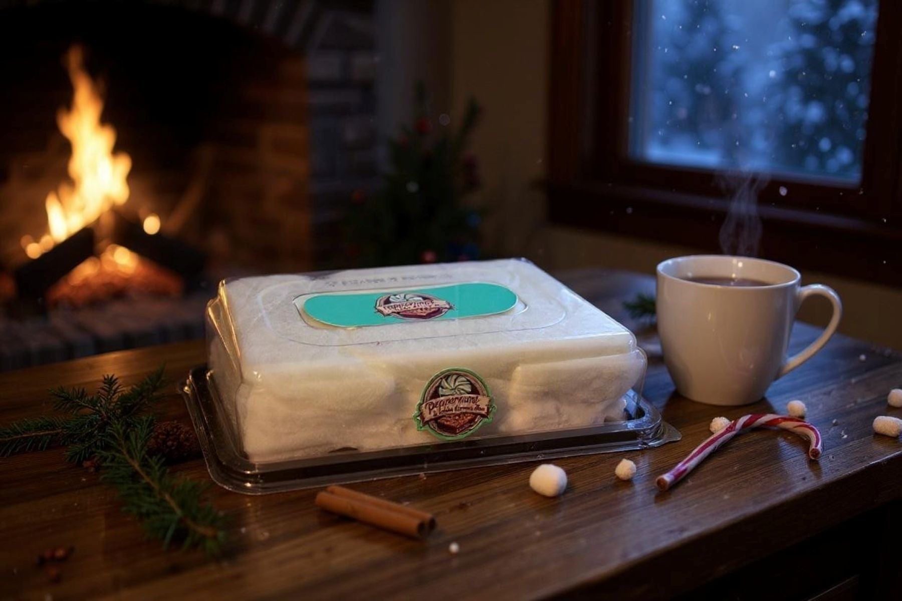 White cake with a logo on a wooden table in front of a fireplace