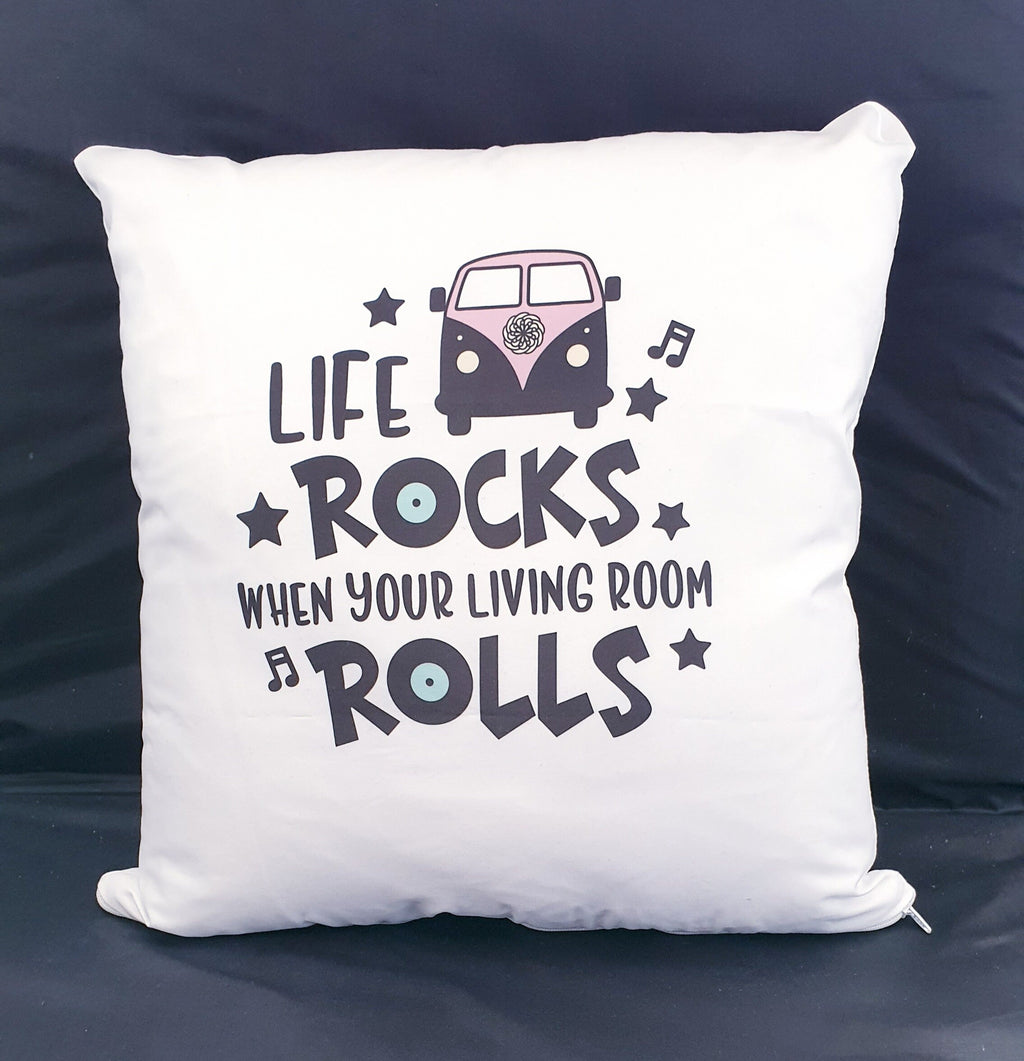 Life rocks, VW Campervan, Caravan Retro Cushion Cover. Camping cushion or bag. Rock and roll bag. Tote. retirement gifts. camper mug.