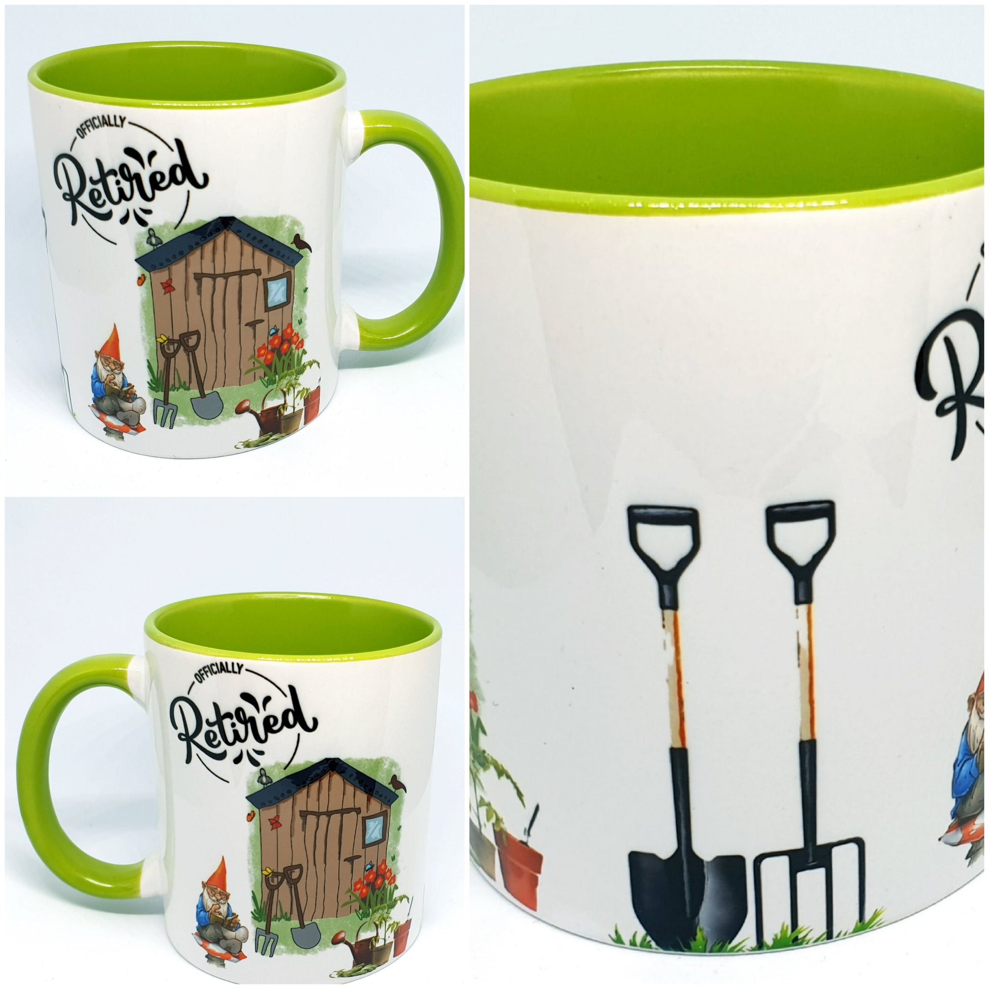 Happy Retirement mug with “You’re Leaving” and “Officially Retired” design, shown as a mug and as a quirky planter vase
