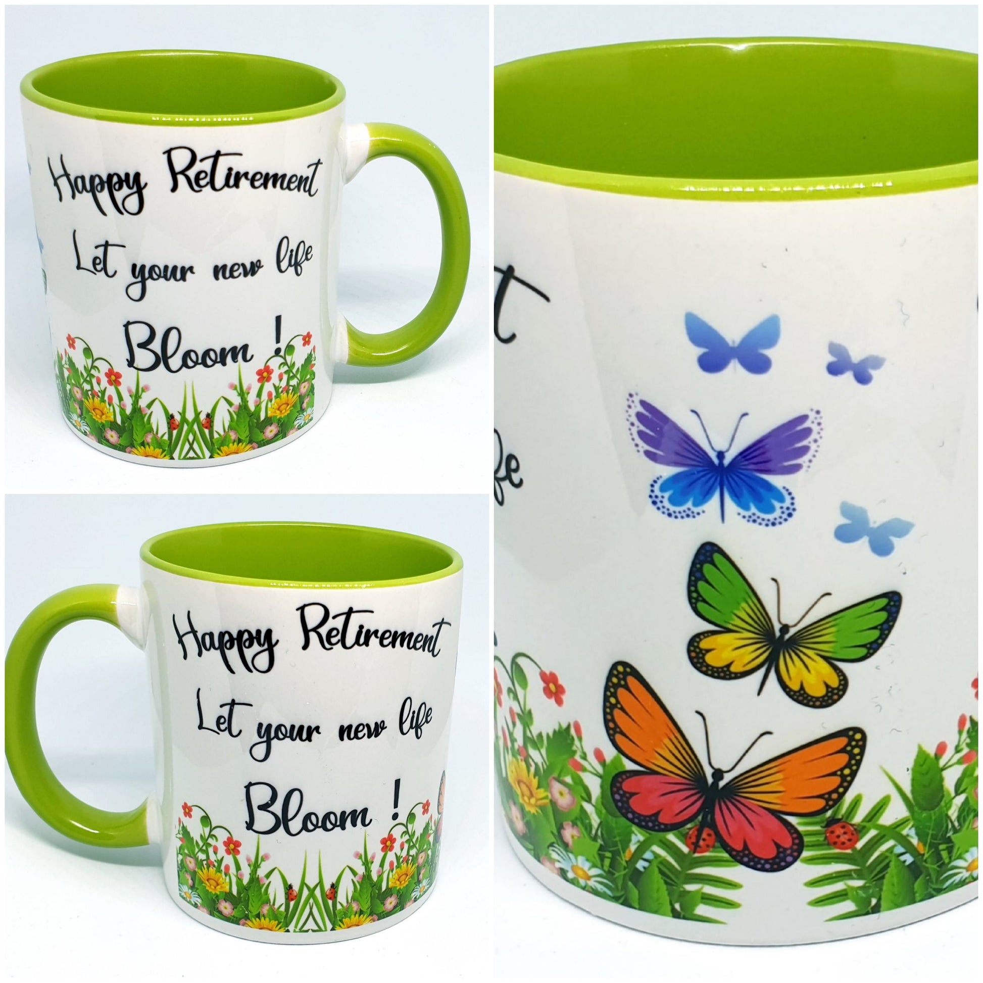 Happy Retirement mug with “You’re Leaving” and “Officially Retired” design, shown as a mug and as a quirky planter vase