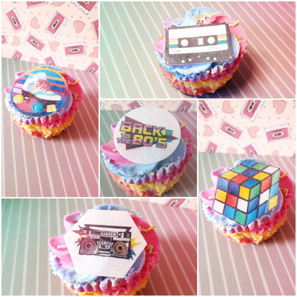 80s Edible Cupcake Toppers | Precut Wafer Paper Retro Icons | Rubik's Cube, Roller Skates, Boom Box – Party Decorations