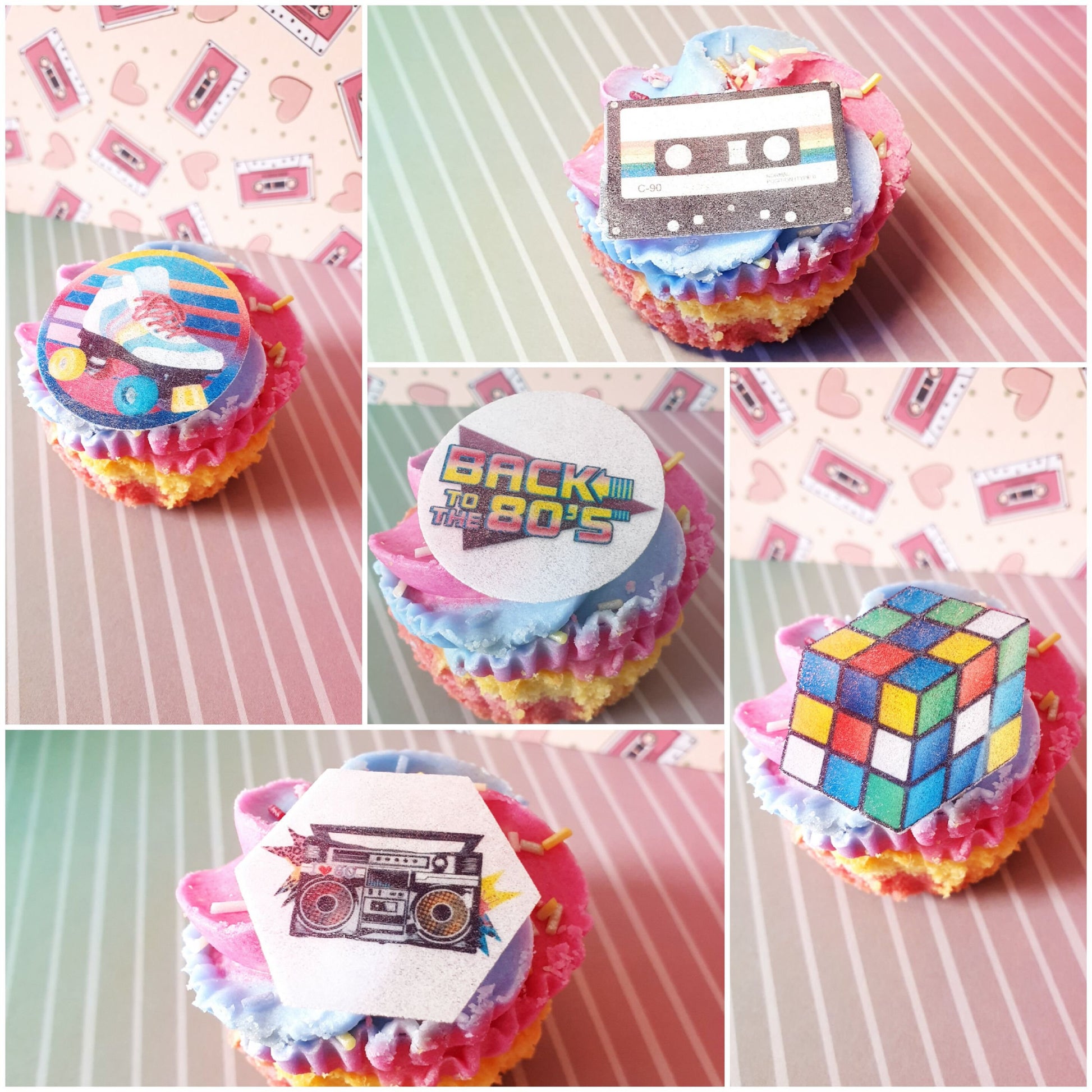 80s Edible Cupcake Toppers | Precut Wafer Paper Retro Icons | Rubik's Cube, Roller Skates, Boom Box – Party Decorations