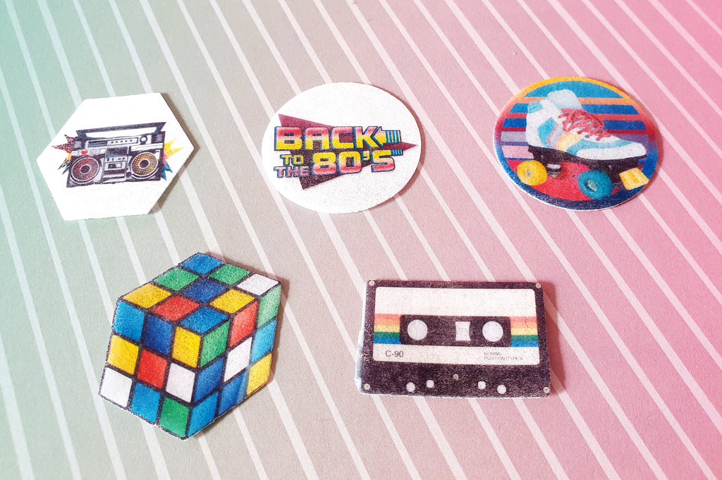 80s Edible Cupcake Toppers | Precut Wafer Paper Retro Icons | Rubik's Cube, Roller Skates, Boom Box – Party Decorations