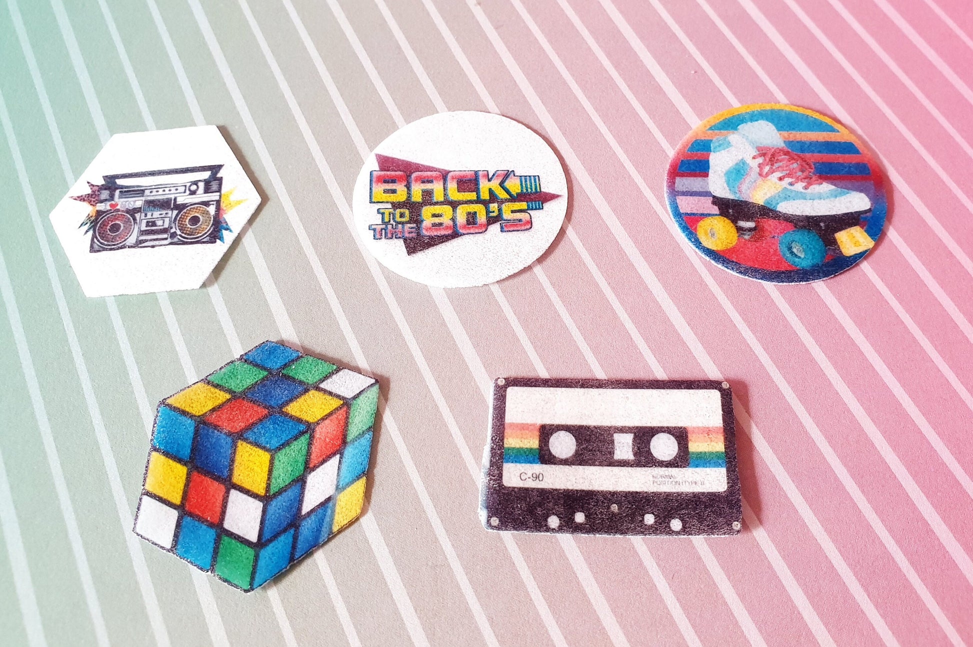 80s Edible Cupcake Toppers | Precut Wafer Paper Retro Icons | Rubik's Cube, Roller Skates, Boom Box – Party Decorations