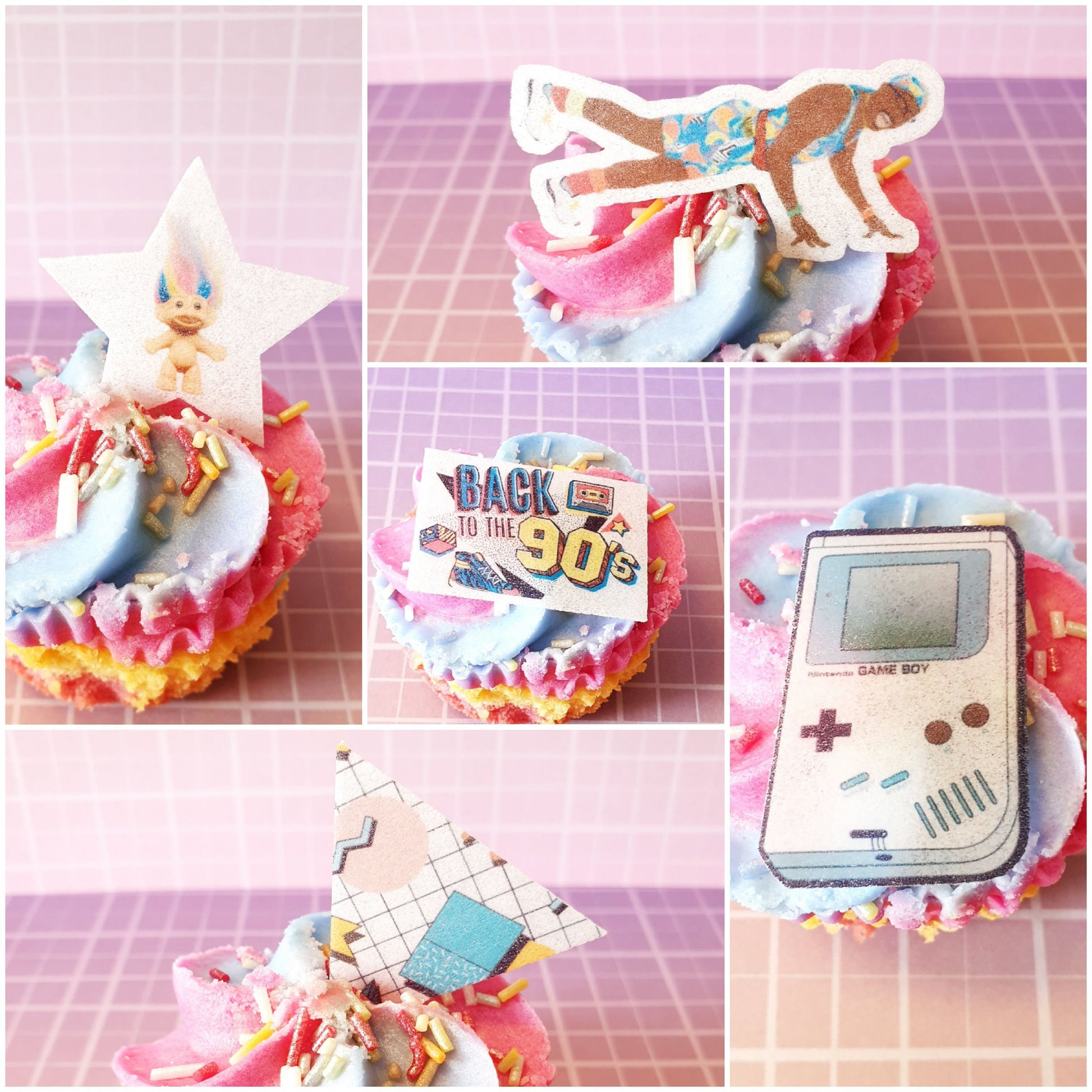 90s Edible Cupcake Toppers | Precut Retro Wafer Paper Decorations | Gameboy, “Back to the 90s”, Rollerblades | 25x Fully Edible