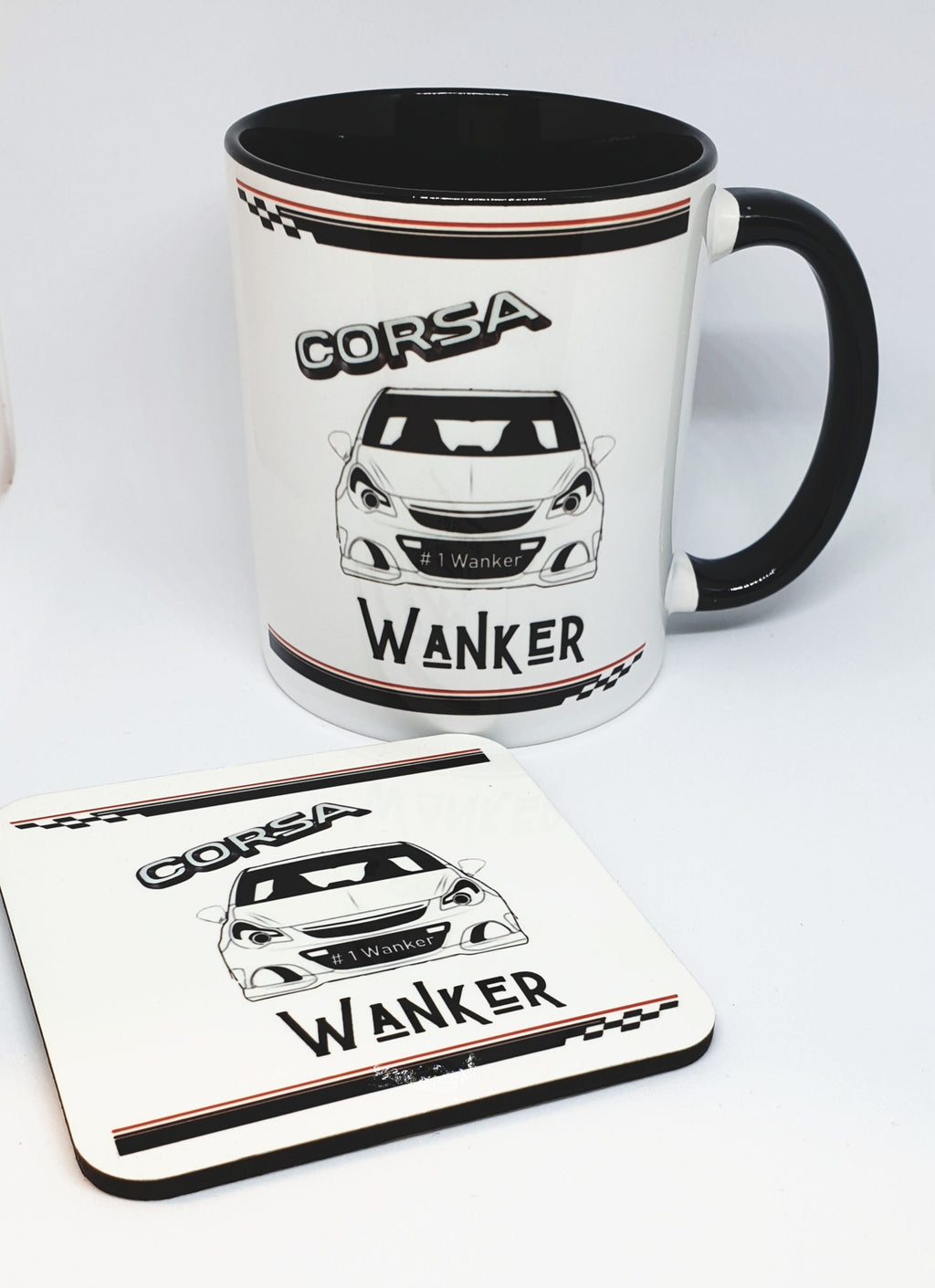 Corsa Wanker black colour change mug, coaster, and mouse mat – funny car gift for Corsa D C fans, Father’s Day, or garage office