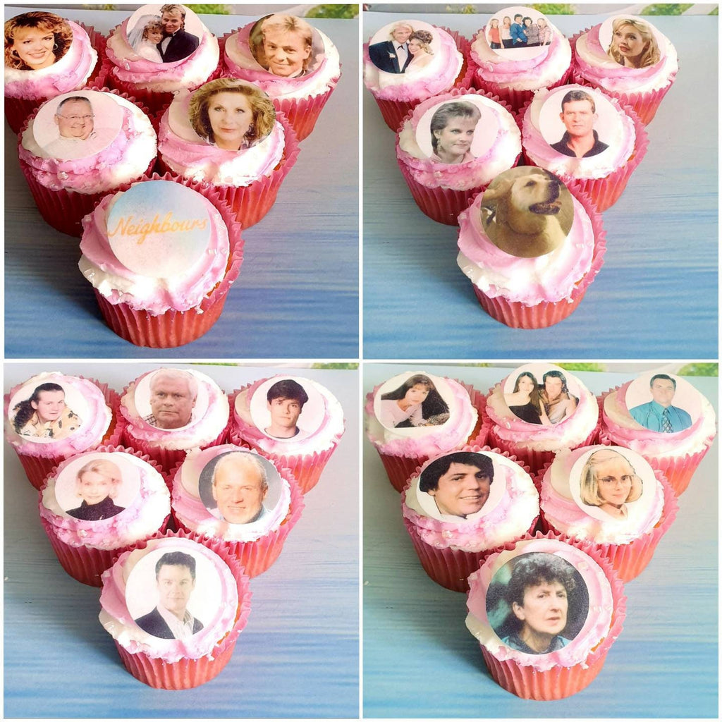 Neighbours themed precut edible cake toppers and retro mug gift set – 80s 90s party decorations, Kylie & Jason, Carl & Susan