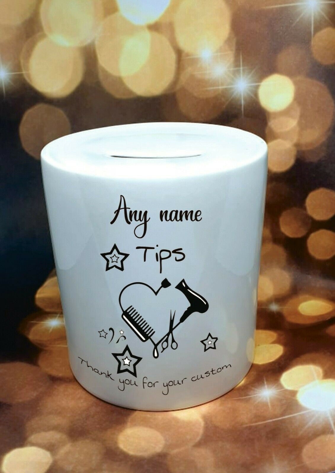 Premium glossy ceramic money box with personalised name, featuring a white rubber plug underneath and a coin slot on top.