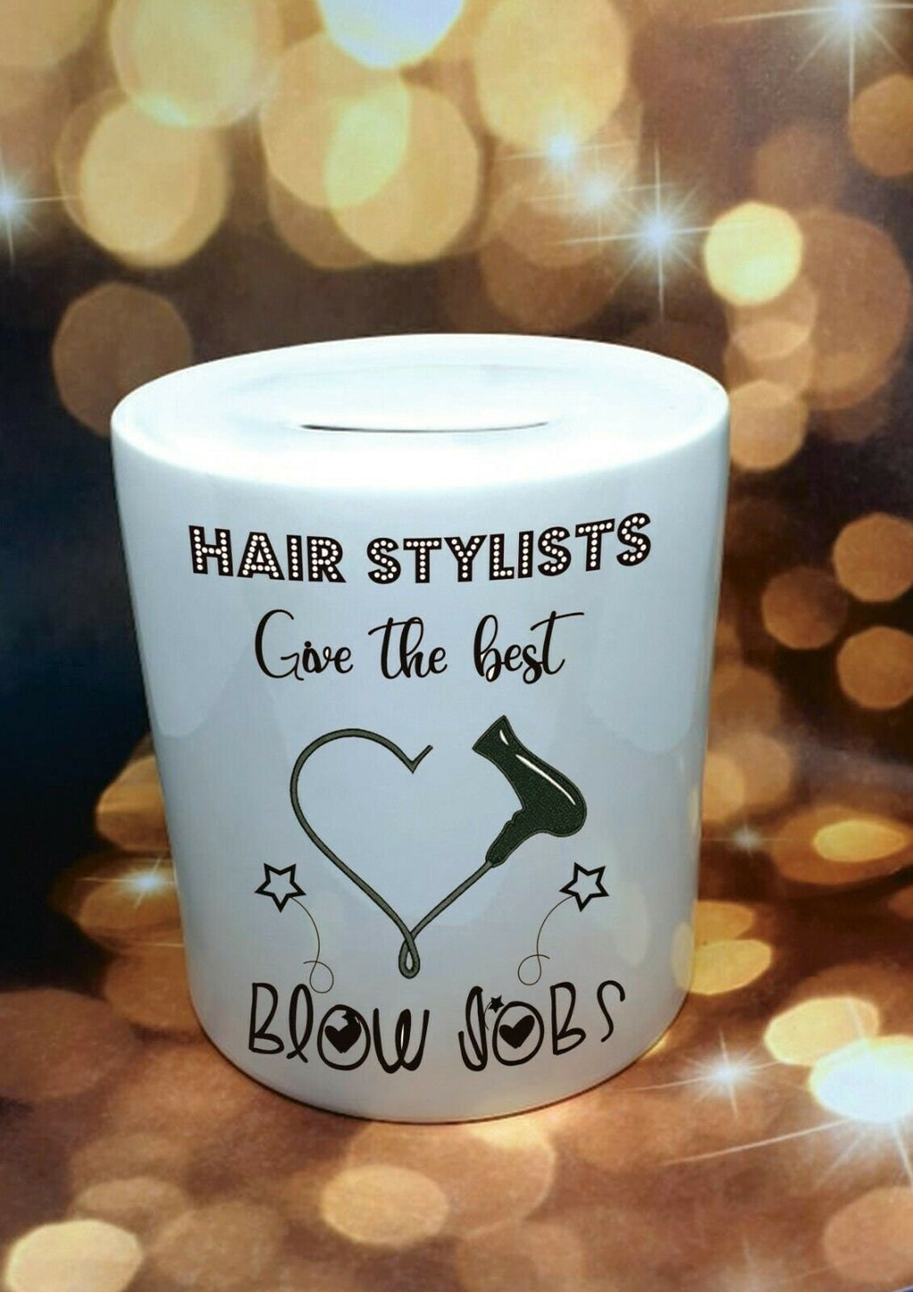 hairdresser money box. tips box, Funny Gifts , Hairdryer, Personalised. Thank you gifts. Ceramic PiggyBank. Hairstylist best blow job.