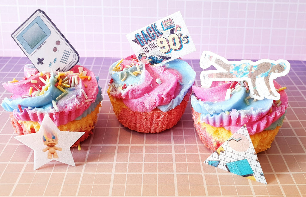 90s Edible Cupcake Toppers | Precut Retro Wafer Paper Decorations | Gameboy, “Back to the 90s”, Rollerblades | 25x Fully Edible