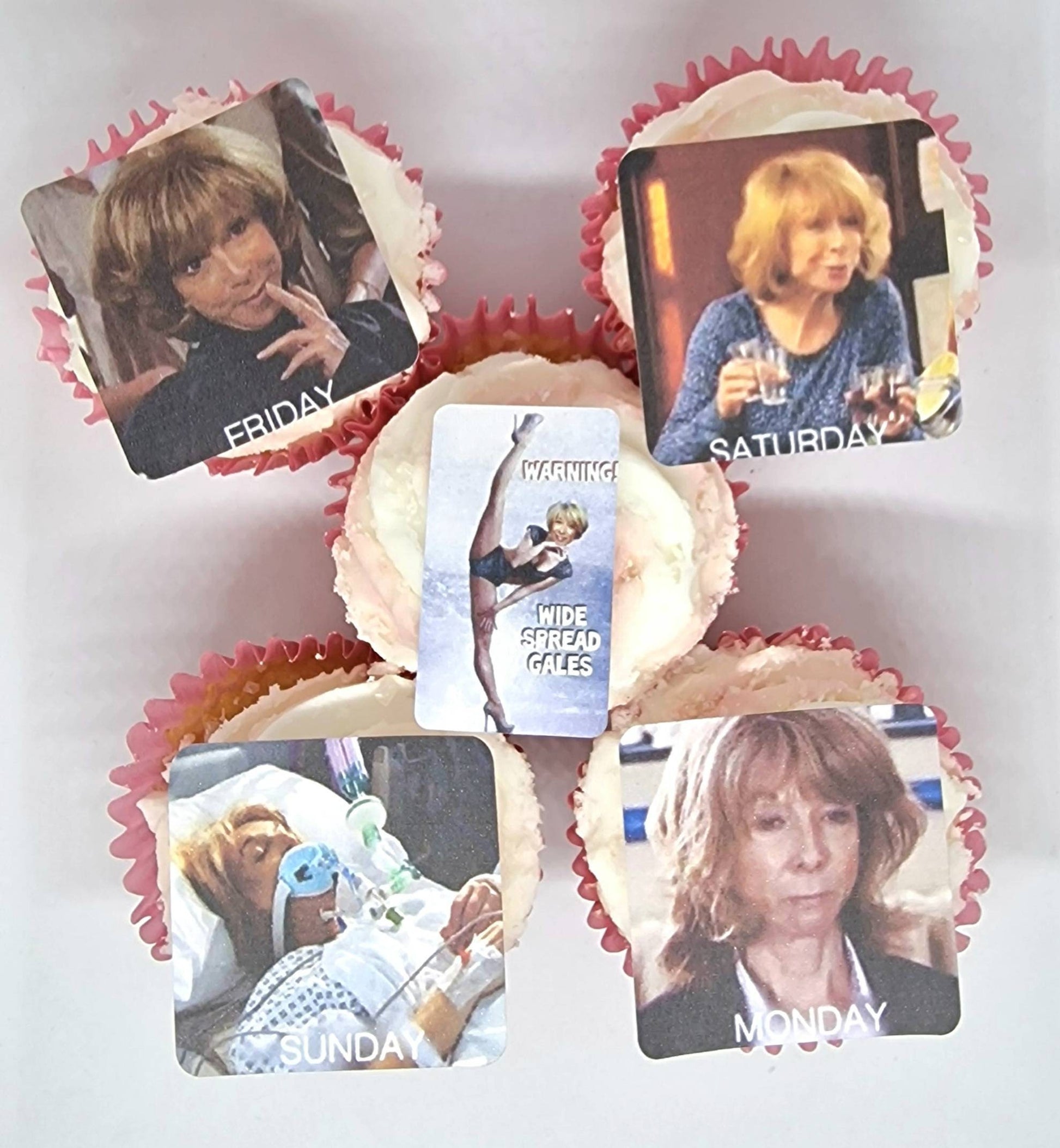 Gail platt meme party cake toppers. Coronation street. EDIBLE pre cut cup cake decorations. Retro 80s and 90s 00s. Themed Party toppers.