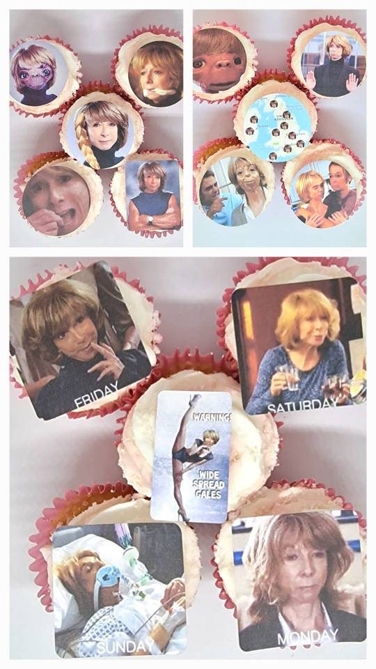 Gail platt meme party cake toppers. Coronation street. EDIBLE pre cut cup cake decorations. Retro 80s and 90s 00s. Themed Party toppers.