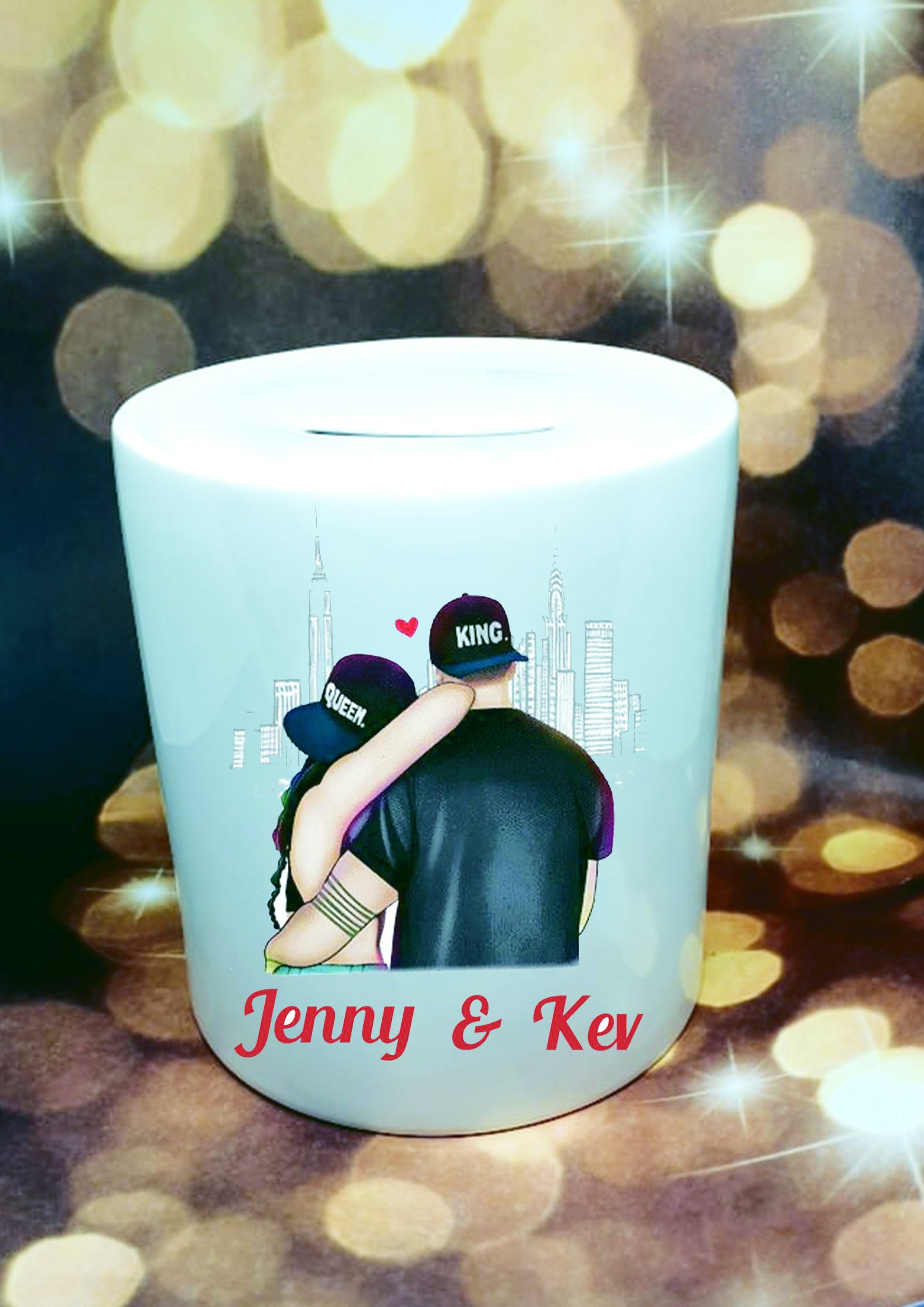 Personalised ceramic money box with “The Day I Met You” and custom names – unique couples gift