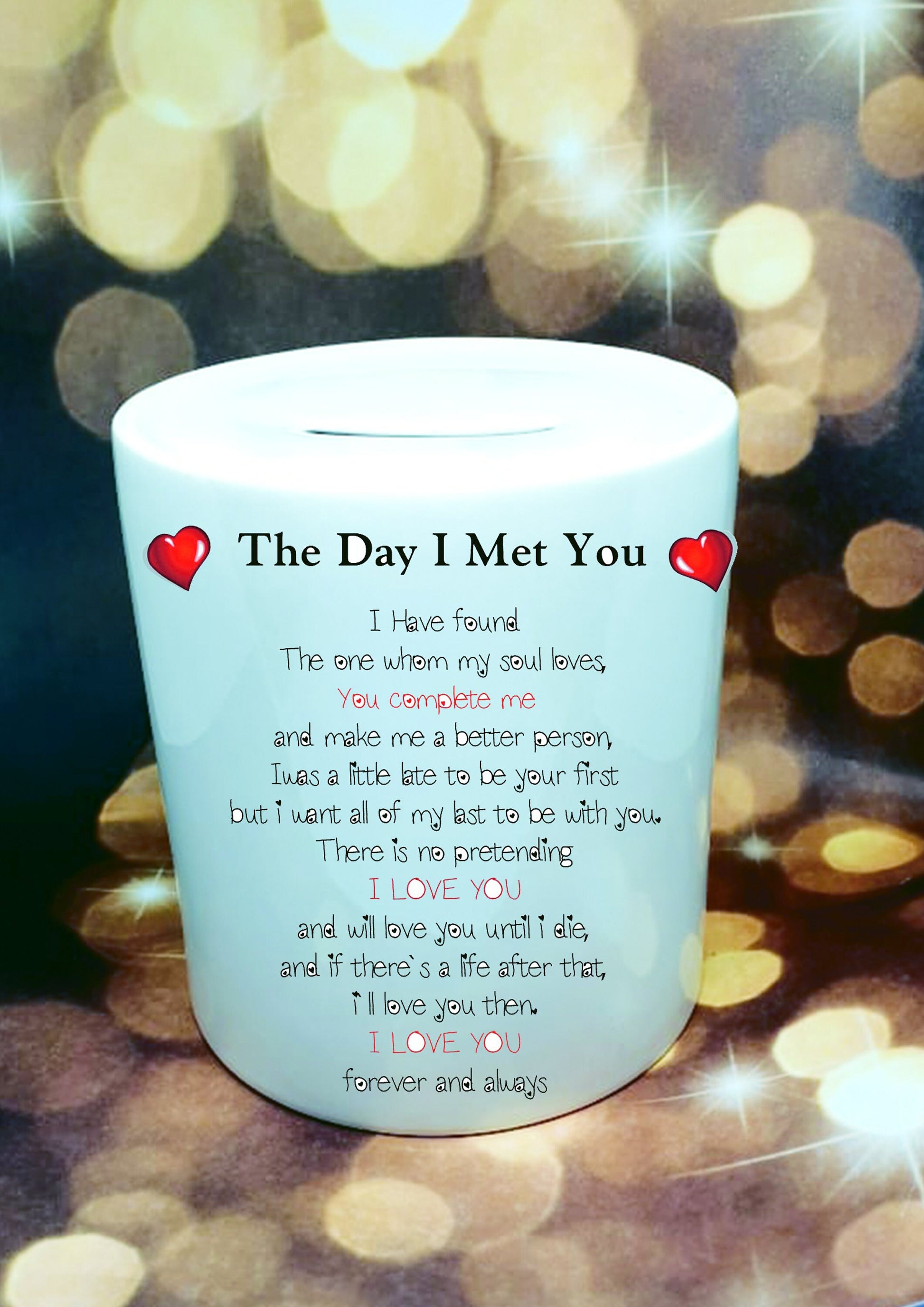 Personalised ceramic money box with “The Day I Met You” and custom names – unique couples gift