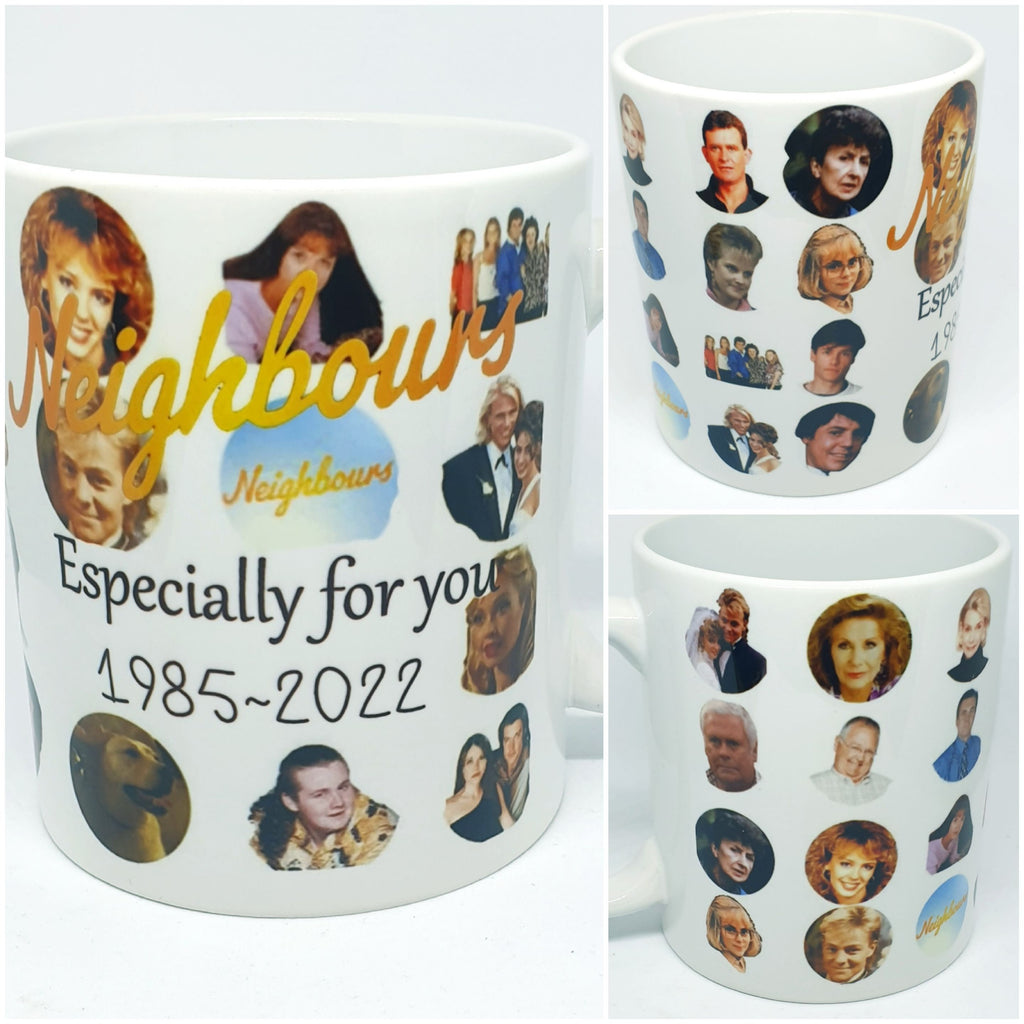 Neighbours mug featuring Kylie and Jason, “Especially for You 1985–2022” design – perfect Secret Santa or Christmas office gift