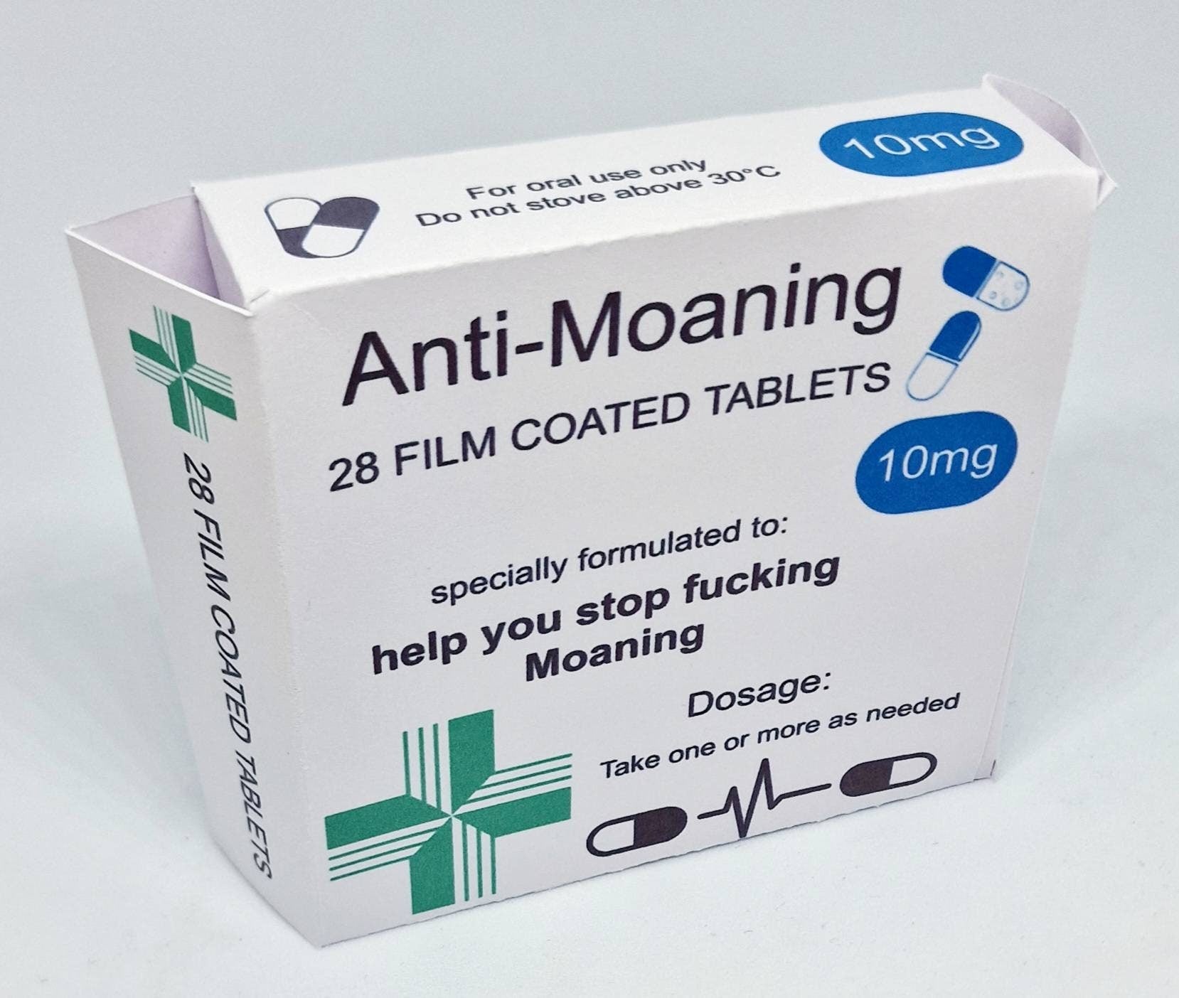 Funny prank pill box labelled “Anti Aging Tablets” and “Anti Moaning Pills” – novelty retirement or milestone birthday gift